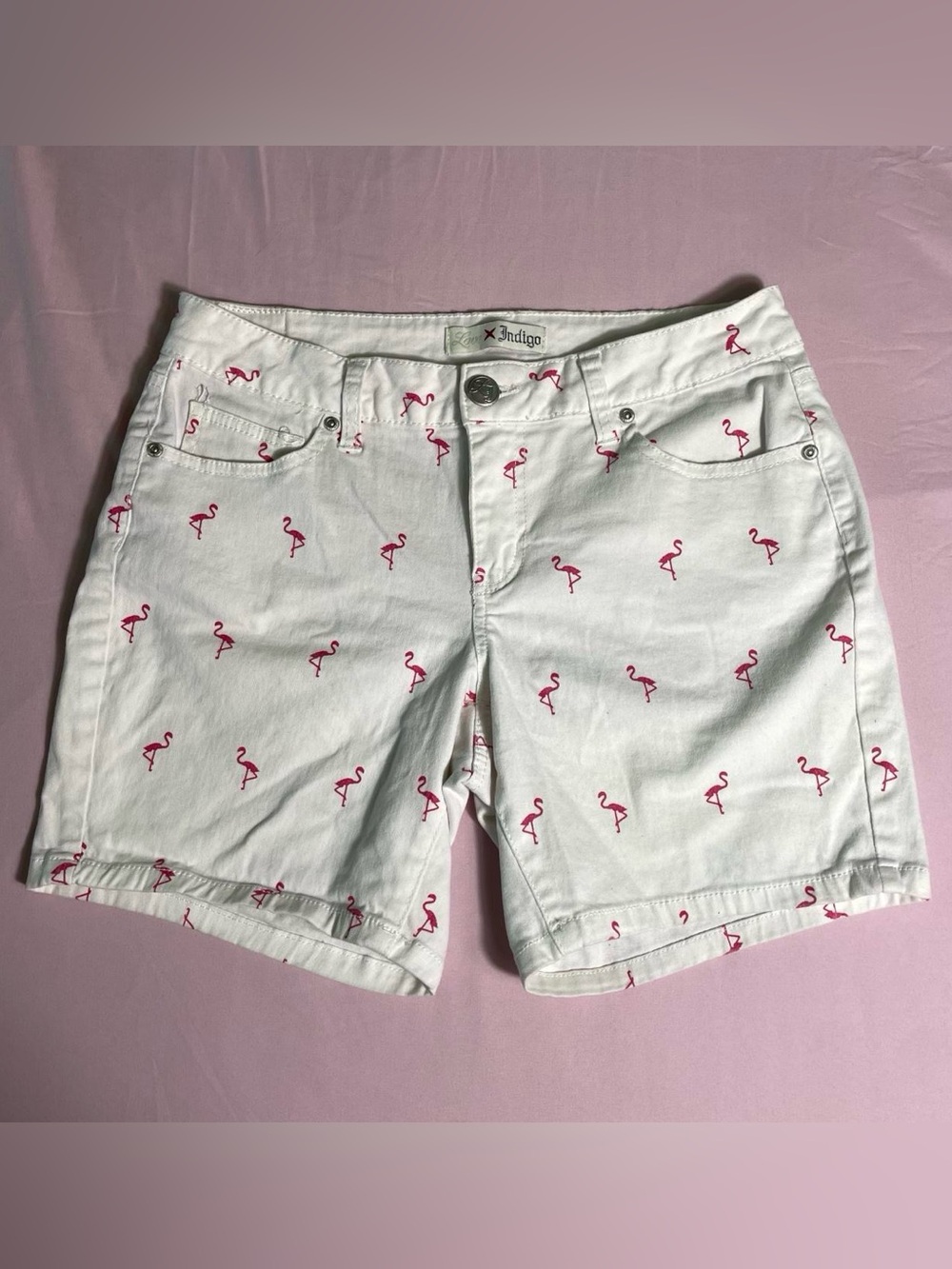 Love Indigo White Pink Flamingo Denim Shorts